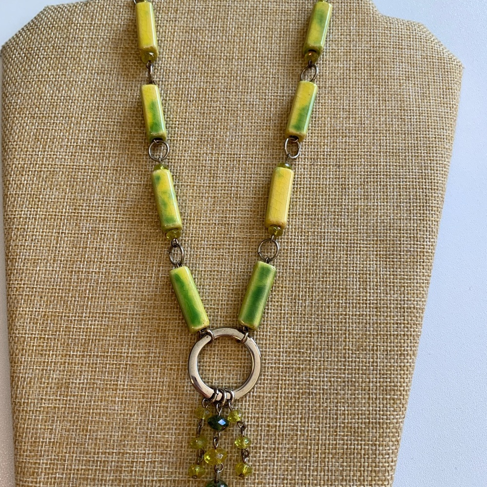 Vintage 60’s-70’s Green and Yellow Ceramic and Crystal Beaded Necklace